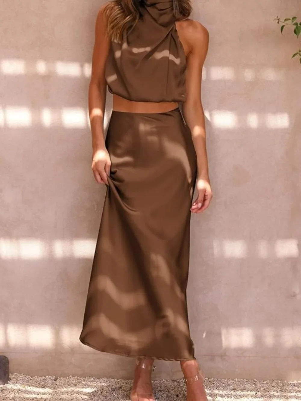 🤎 NWT Satin 2 Piece Skirt Set | Size L | Mock Neck Crop Top + Maxi Skirt - Picture 2 of 6